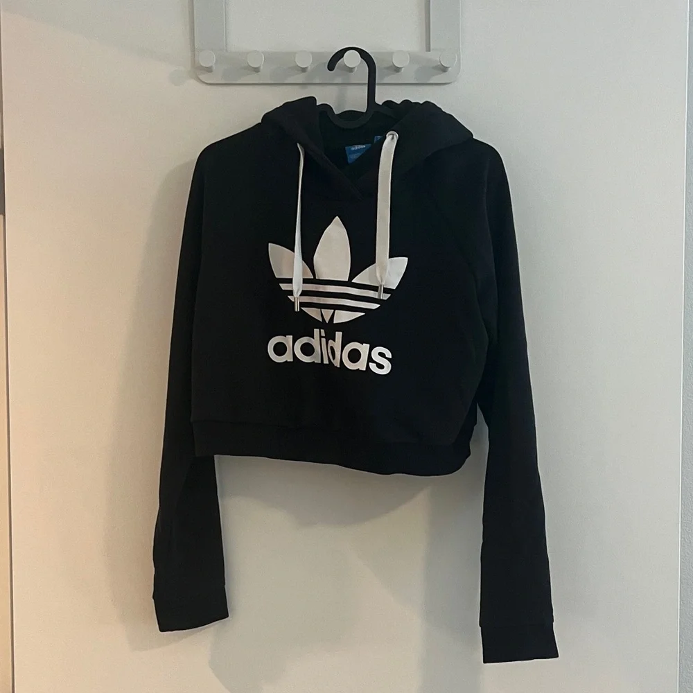 Adidas Black Cropped Hoodie with White Logo - Picture 1 of 2